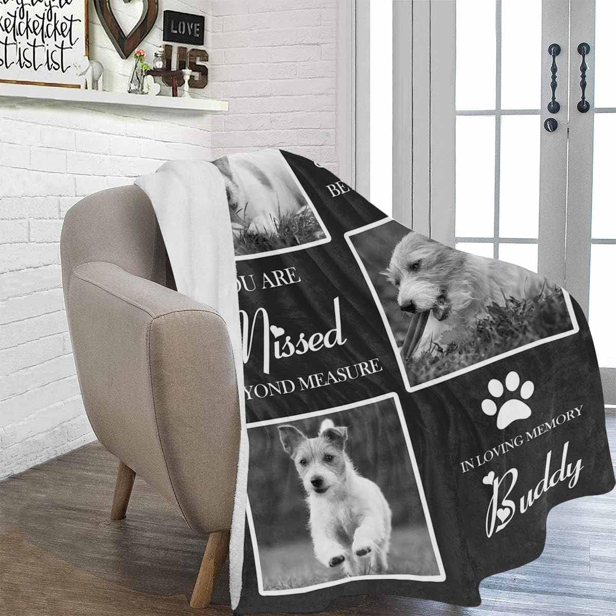 Artsadd pet loss keepsake blanket displayed on a living room sofa