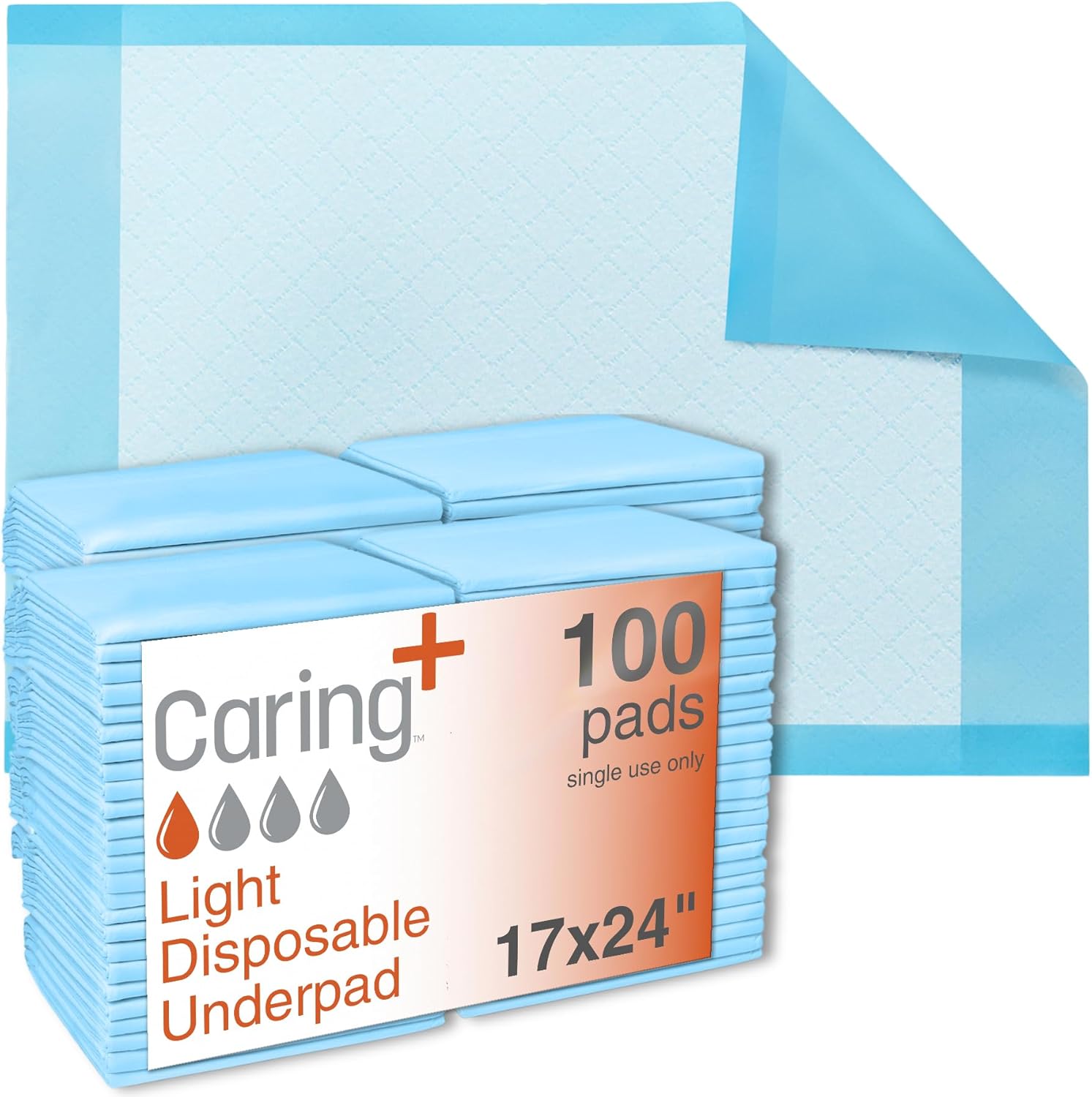 Caring disposable underpads 17x24 100 count front packaging