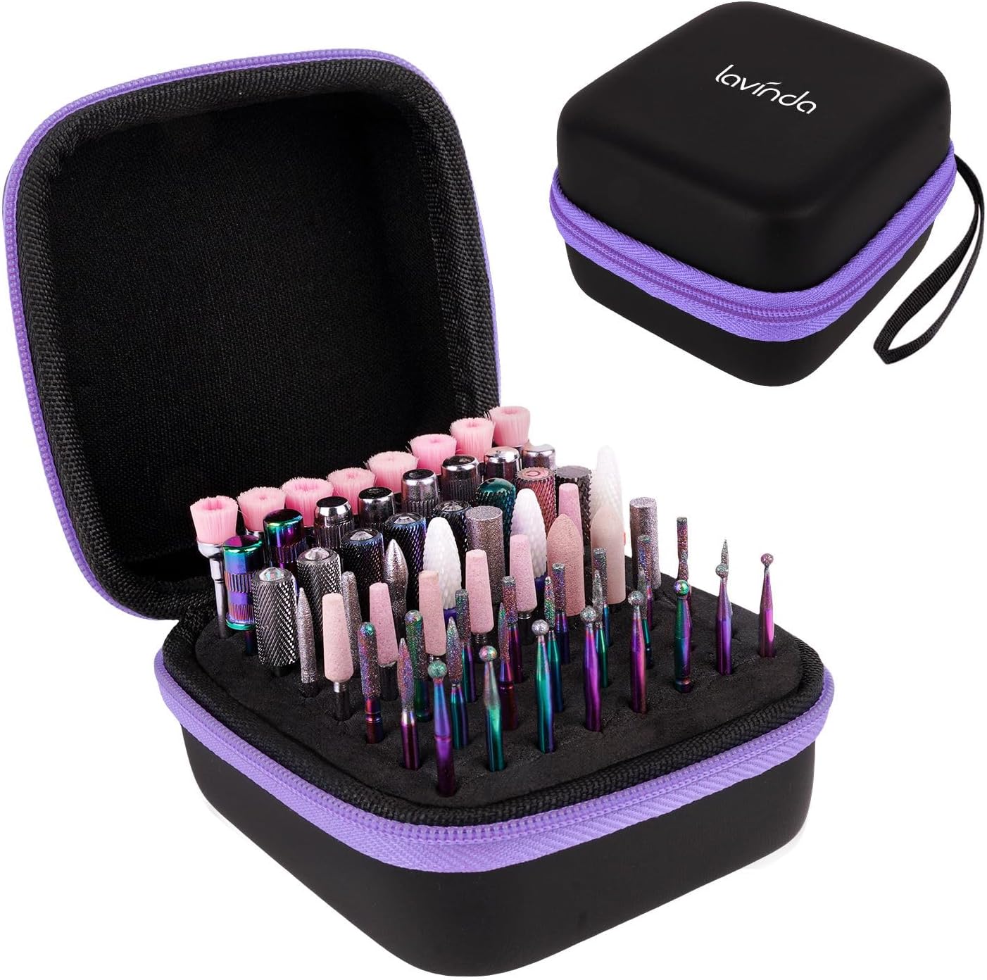 Lavinda nail drill bits holder front view showing purple zipper accents and hard shell design