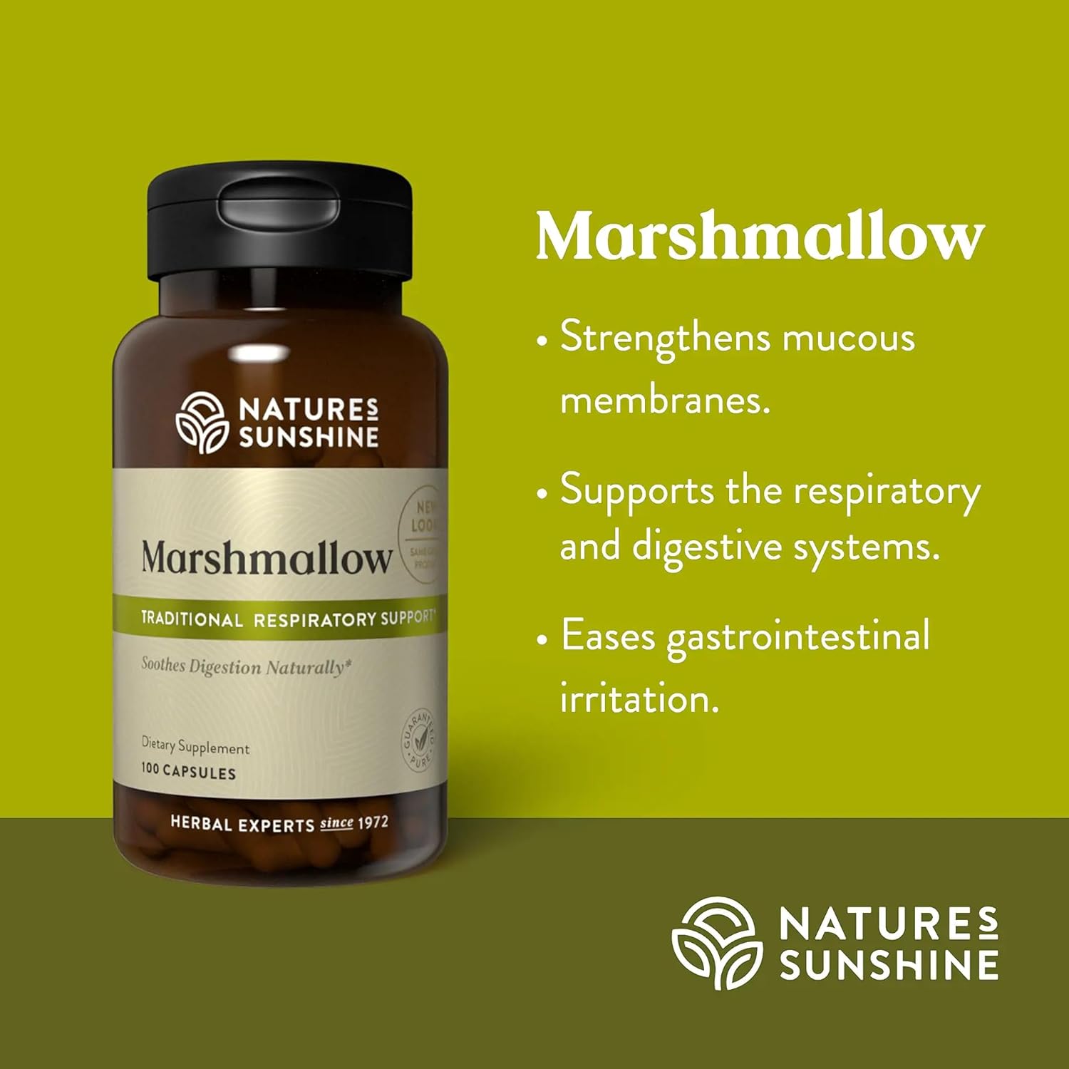 Nature's Sunshine Marshmallow Root 100 Capsules bottle front view for respiratory support
