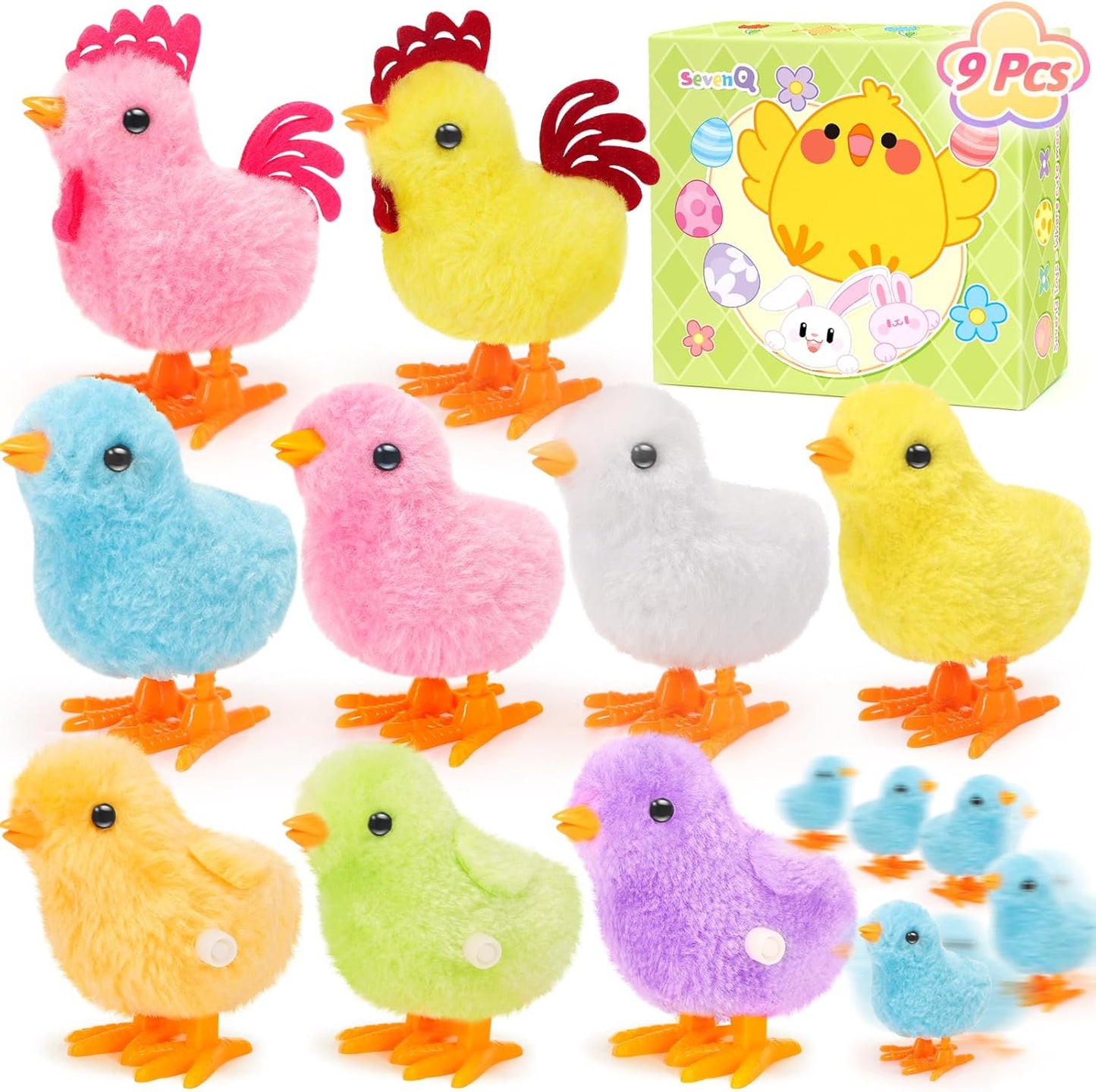SevenQ wind up jumping plush chicks nine piece set front view showing colorful fluffy bodies