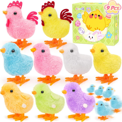 SevenQ wind up jumping plush chicks nine piece set front view showing colorful fluffy bodies
