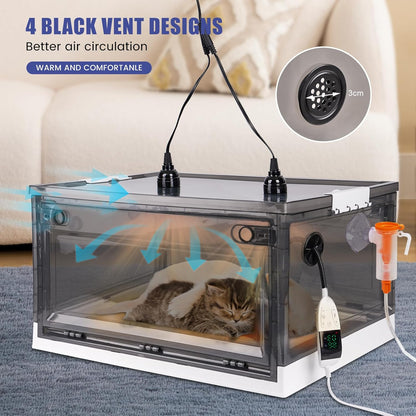 Fifty-five liter capacity veterinary grade pet incubator showing the spacious internal nursing layout.