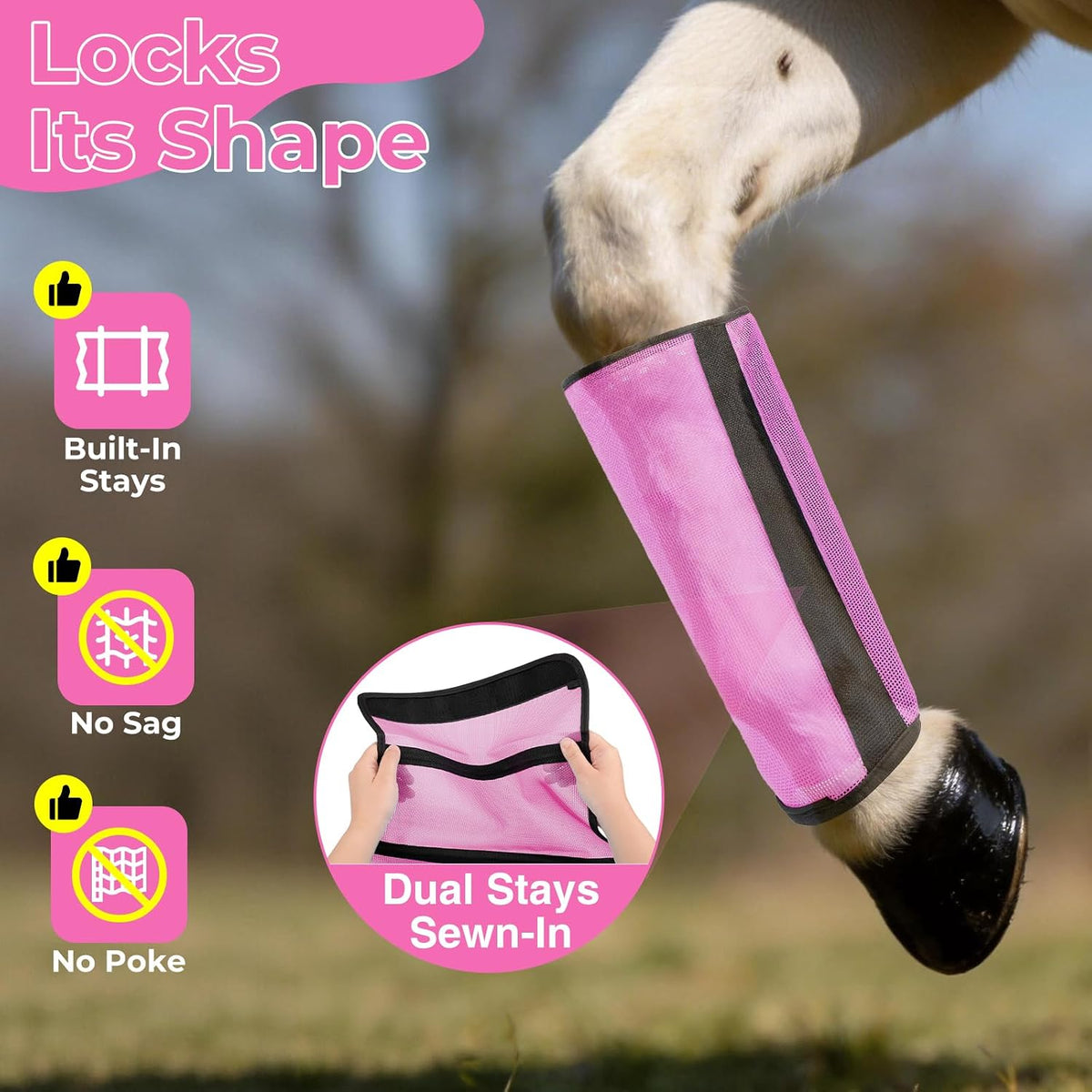 Close up of the adjustable fasteners and anti sag stays on equine leg guards