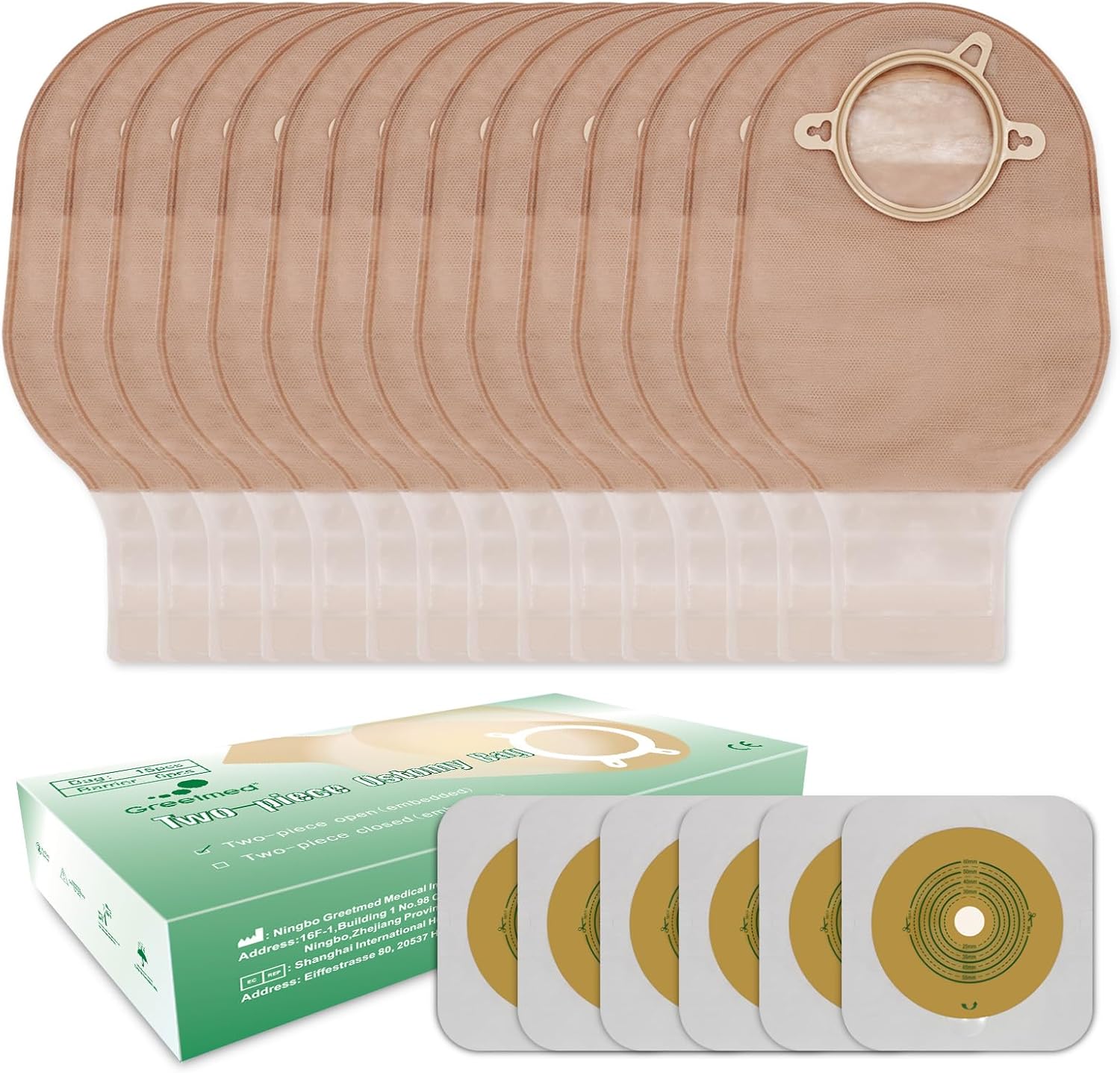 Greetmed Two Piece Ostomy Bag Set front view showcasing drainable pouches and skin barriers