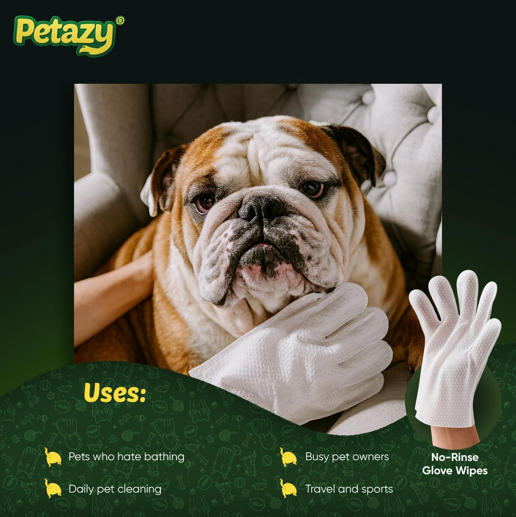 USA imported authentic Petazy waterless pet cleaning gloves on a neutral background