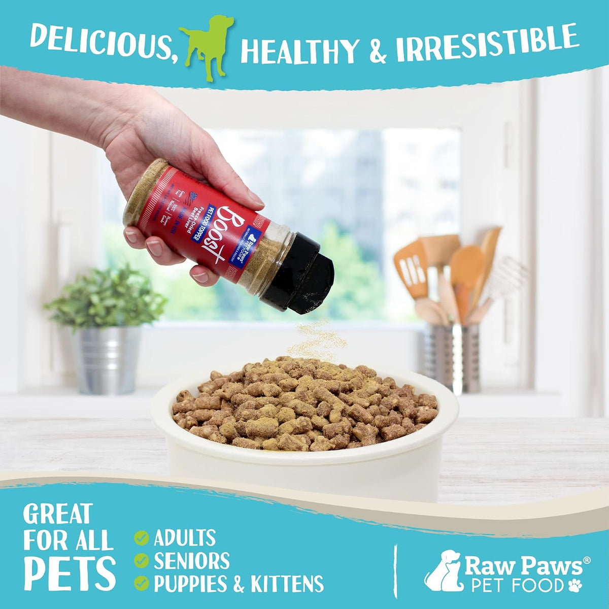 Shaker jar container of all natural cat food topper seasoning being poured over kibble.