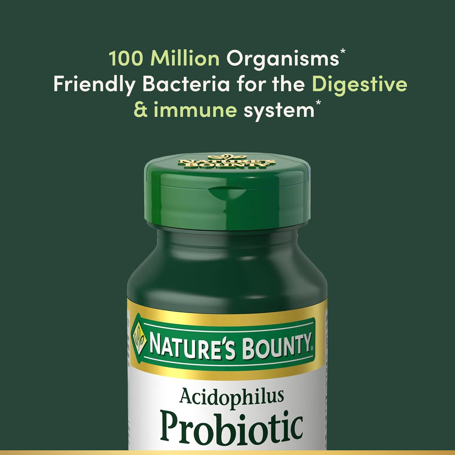 Side angle of Nature's Bounty daily probiotic bottle displaying the vegetarian supplement certification and details.