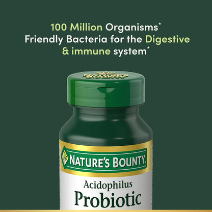 Side angle of Nature's Bounty daily probiotic bottle displaying the vegetarian supplement certification and details.