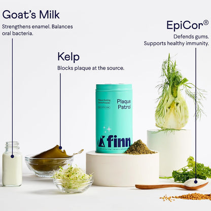 Close up of the nutritional ingredients list on Finn pet dental powder tin