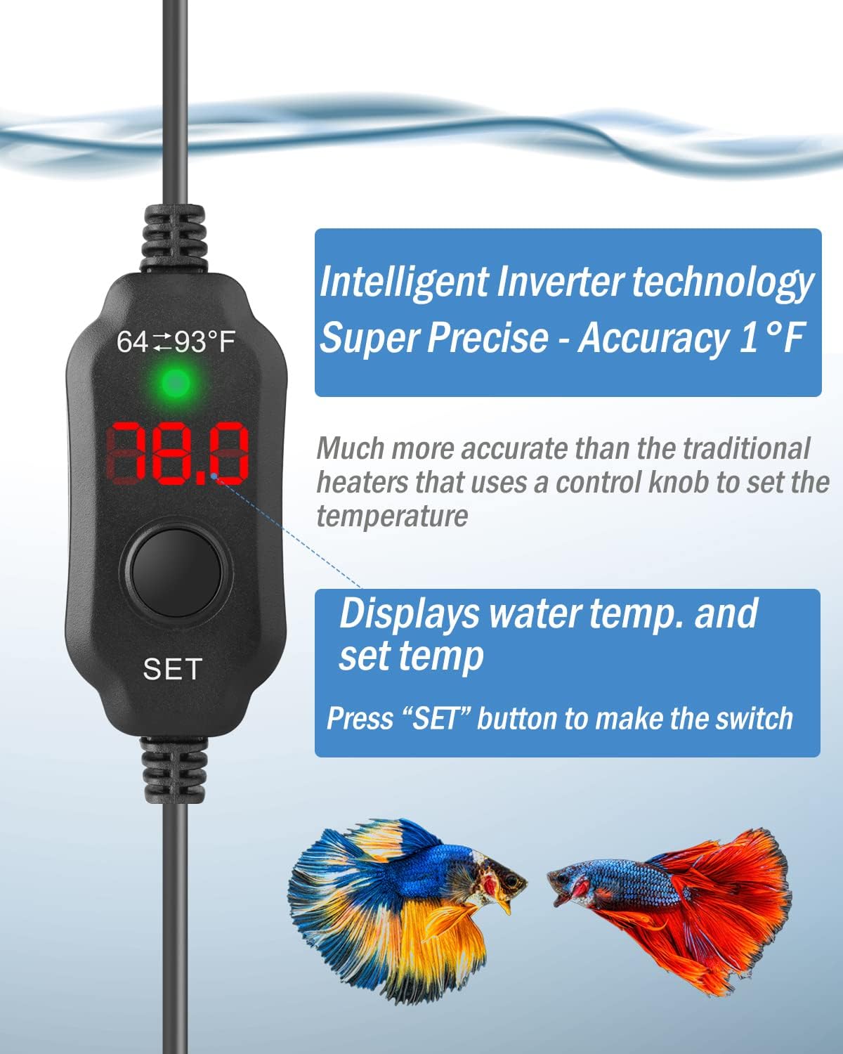 Close up of AquaMiracle thumb-sized submersible heater