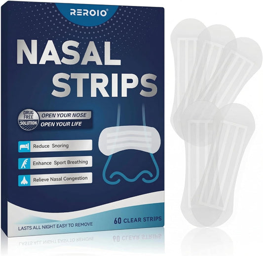 REROIO Nasal Strips front view showing the white drug free adhesive design for snoring relief.