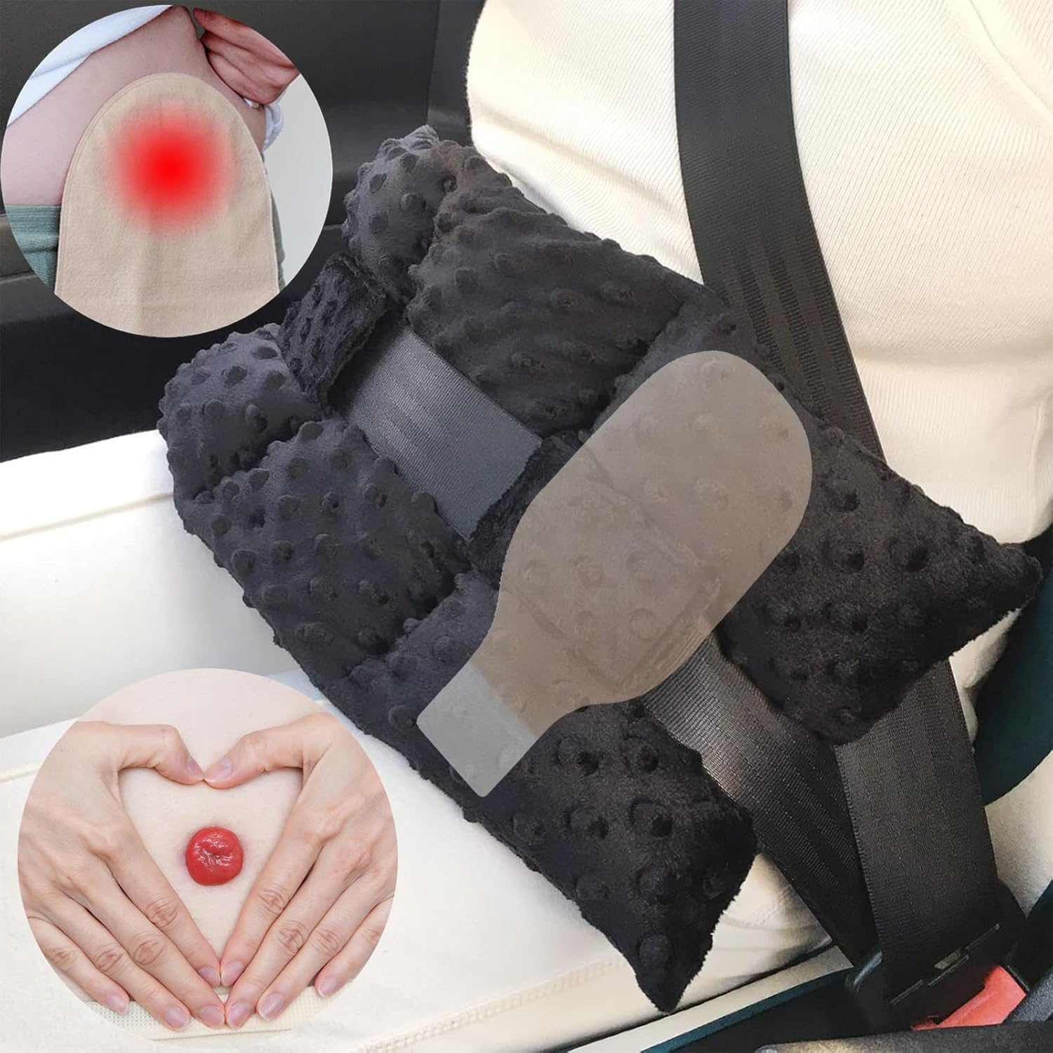 Flosmore Ostomy Seatbelt Pillow front view black minky dot fabric