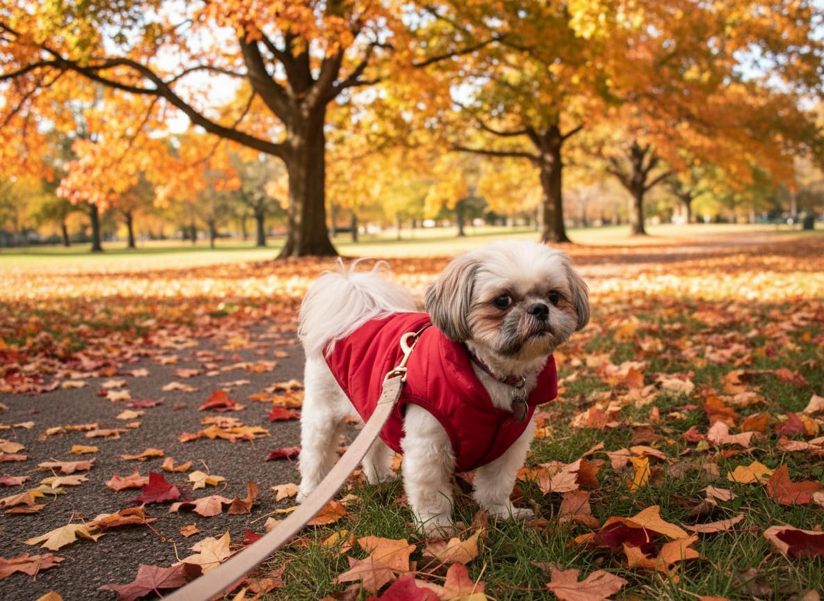 Small dog wearing red Asenku waterproof winter puffer coat