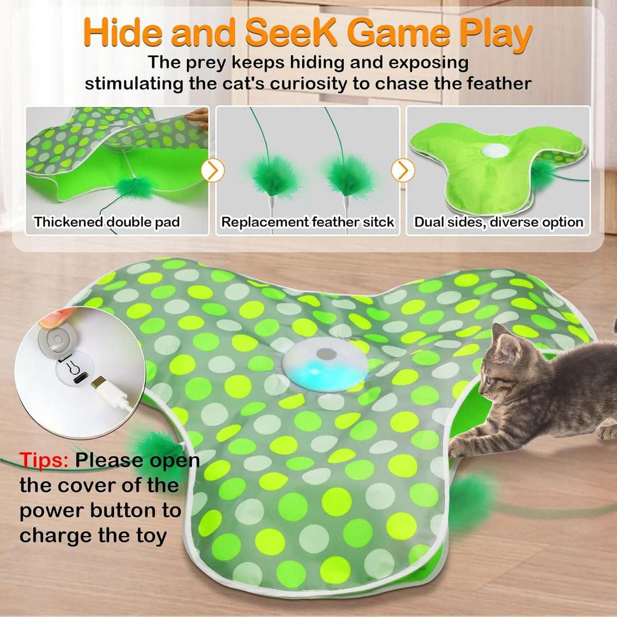 Umosis automatic cat enrichment toy showing concealed moving feather wand under green cover