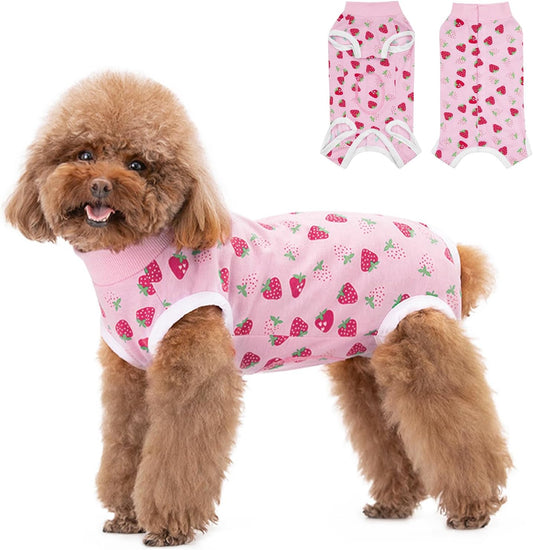 FEimaX dog surgery recovery suit front view on a small puppy