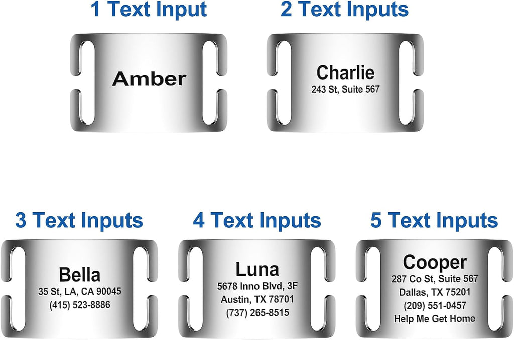 TechMark durable stainless steel pet ID tag showing up to five lines of text engraving
