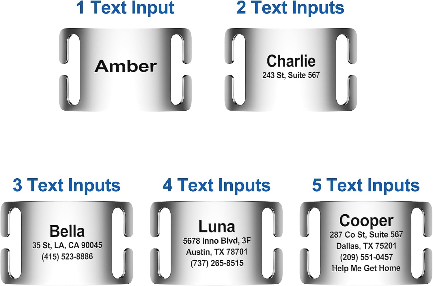 TechMark durable stainless steel pet ID tag showing up to five lines of text engraving