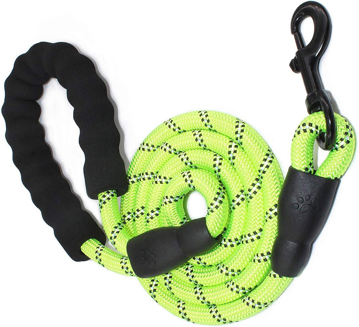 Alluring reflective dog leash close up highlighting the metal clasp hook.
