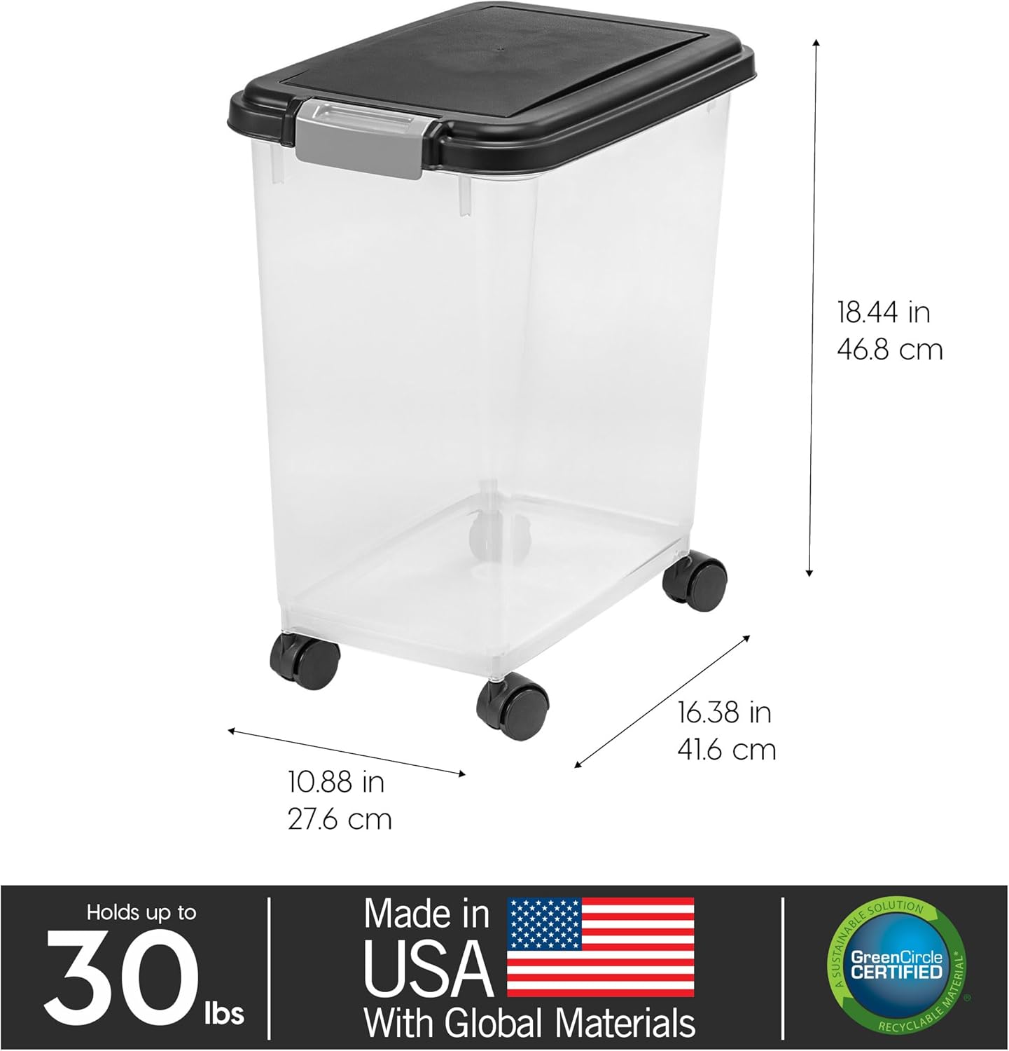 Side profile of IRIS USA storage bin showing wheels