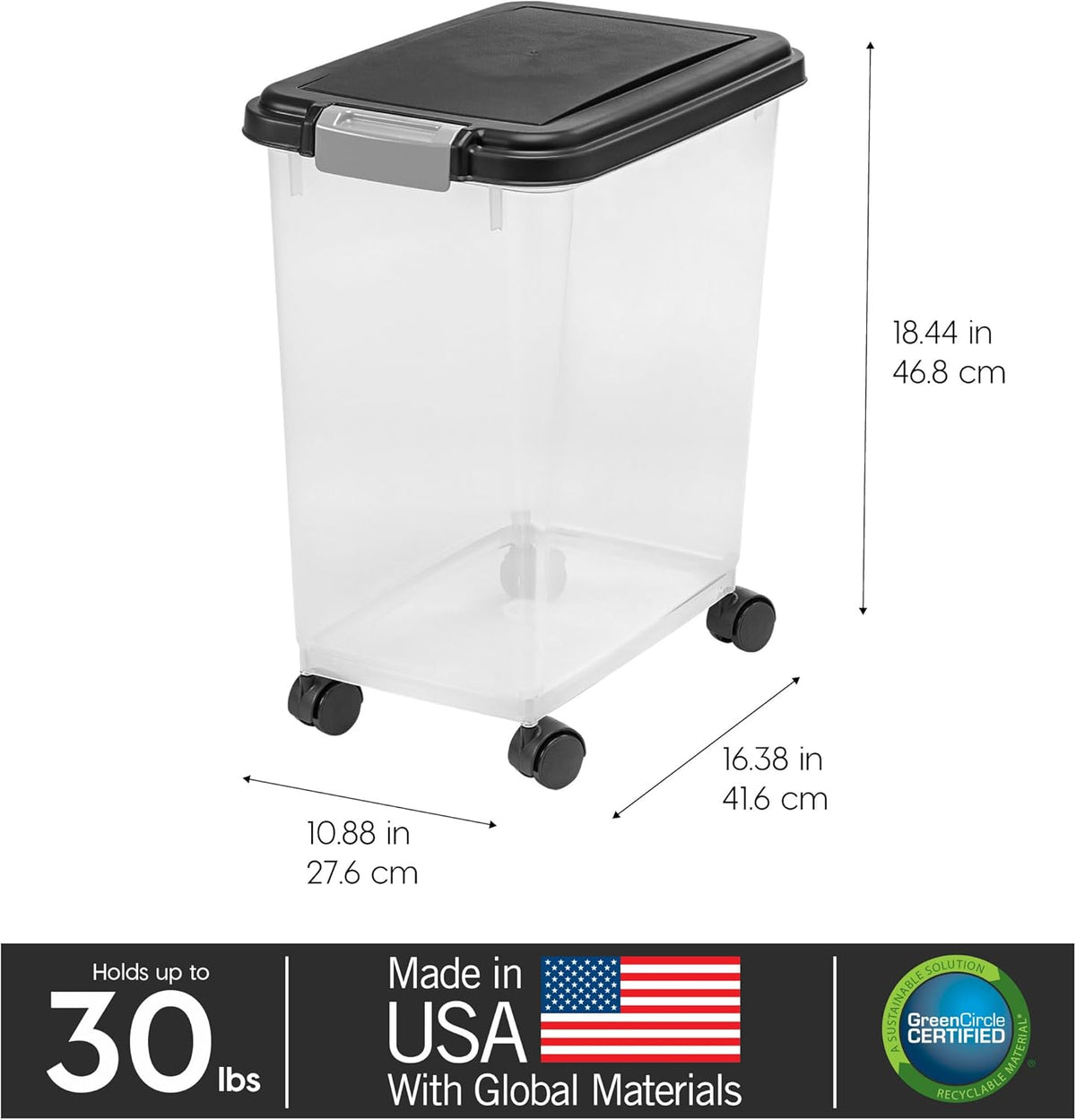 Side profile of IRIS USA storage bin showing wheels