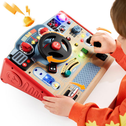 TOP BRIGHT Montessori Busy Board front view showing the wooden fire truck dashboard and steering wheel