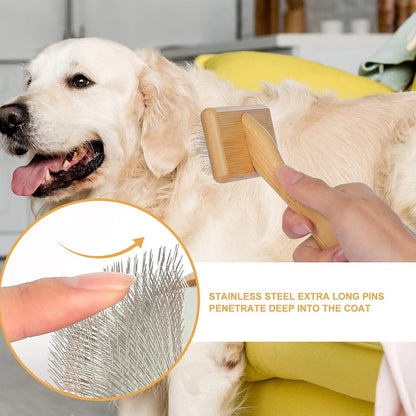 Close up view of the angled stainless steel pins and cushioned pad on the Muse And Iris pet brush.