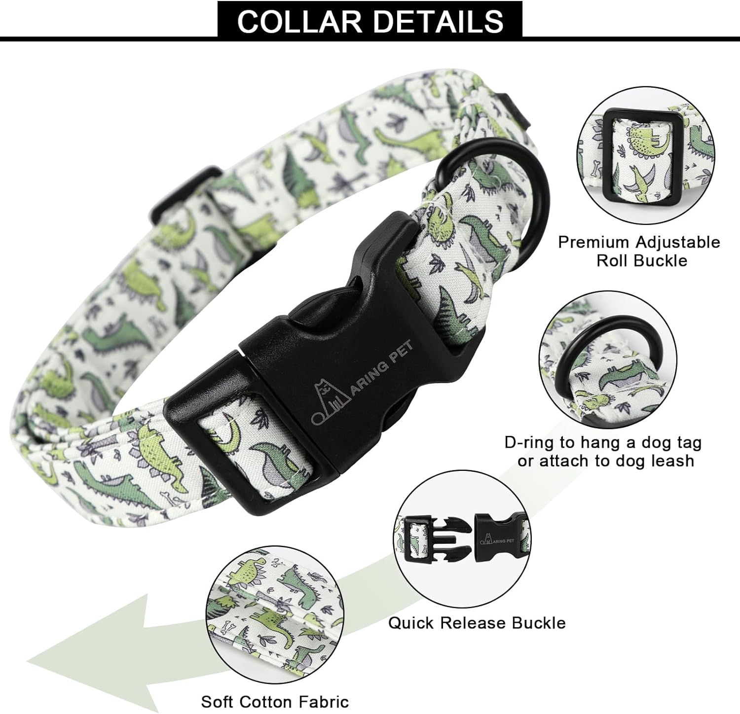 Aring Pet cotton dog collar with green dinosaur print