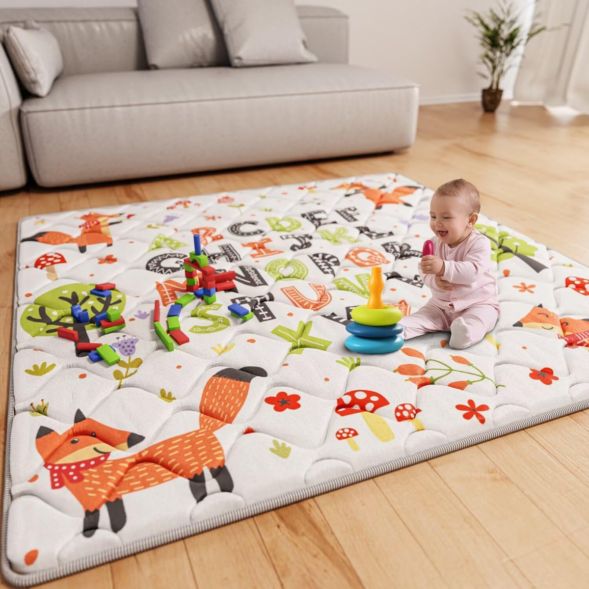 Iebabay baby play mat front view showcasing letter fox design.