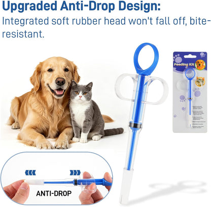 Blue two in one pet piller syringe demonstrating the soft rubber tip for gum protection