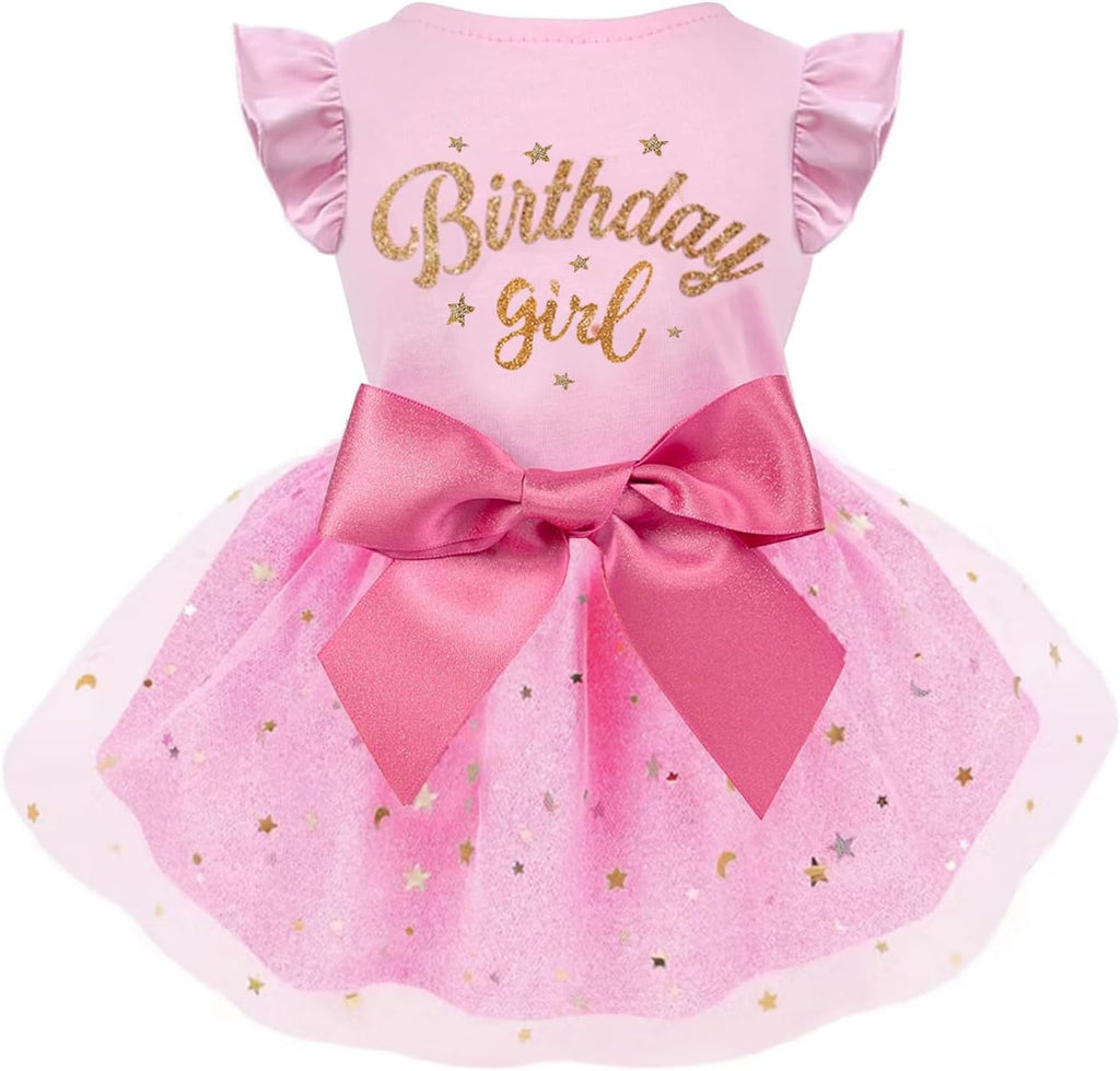 Otunrues dog birthday dress front view featuring pink cotton bodice and glitter lettering.