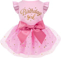 Otunrues dog birthday dress front view featuring pink cotton bodice and glitter lettering.