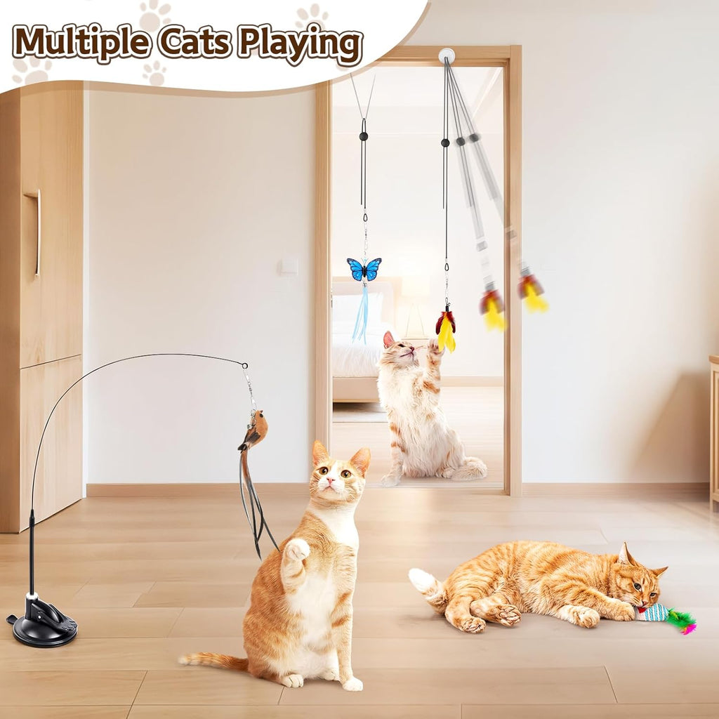 Overhead view of the complete kitten starter kit including mice, butterfly streamers, and bells.