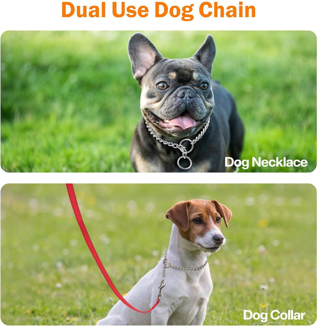 Close up view of the durable alloy steel links on the weatherproof pet necklace.