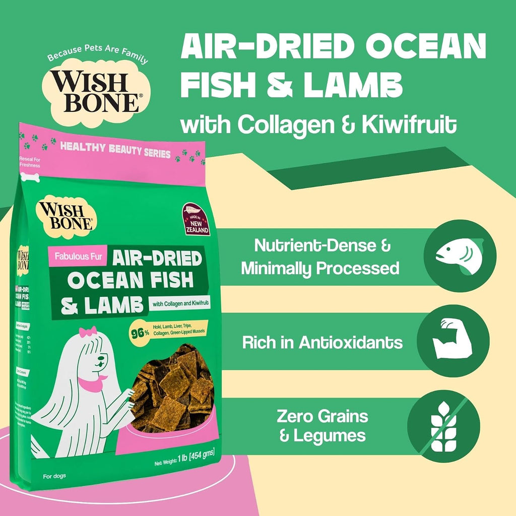 Wishbone Healthy Beauty Series dog food showing green lipped mussels and collagen ingredients