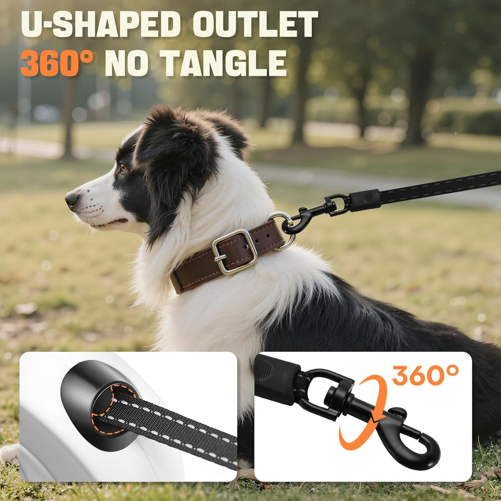 Petsweet retractable dog leash showing the one-button brake and lock mechanism