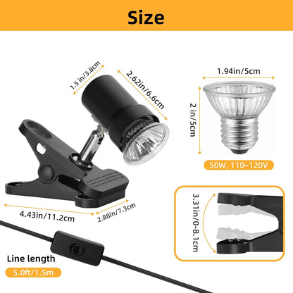 Rizopets 50W UVA UVB basking light displaying the secure non slip clip.