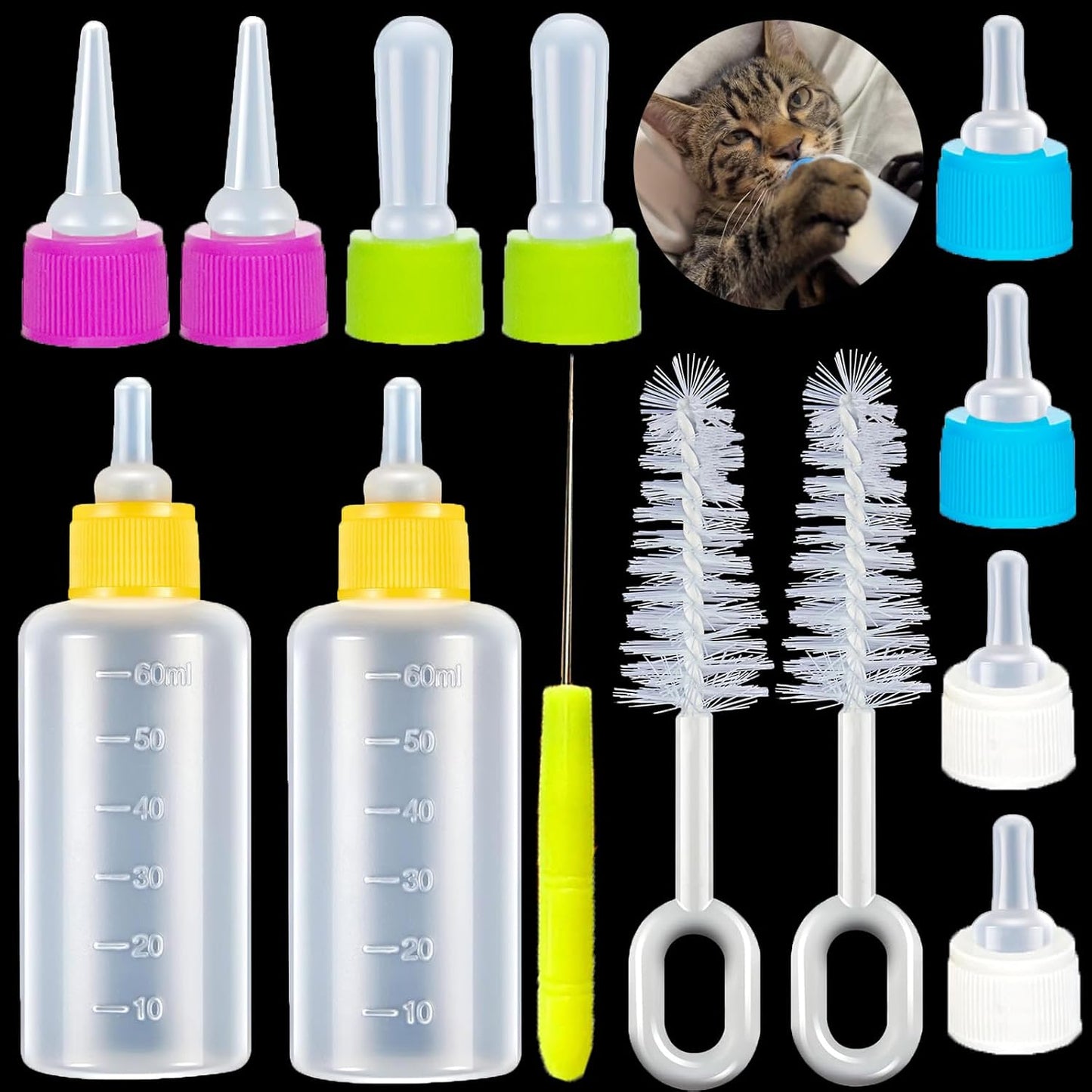 60ml Newborn Pet Feeding Bottle Kit | Puppy Kitten Nursing Bottles with 10 Silicone Nipples, Cleaning Brushes & Nipple Puncher | Anti-Choke Milk Feeder for Small Animals - Image 1