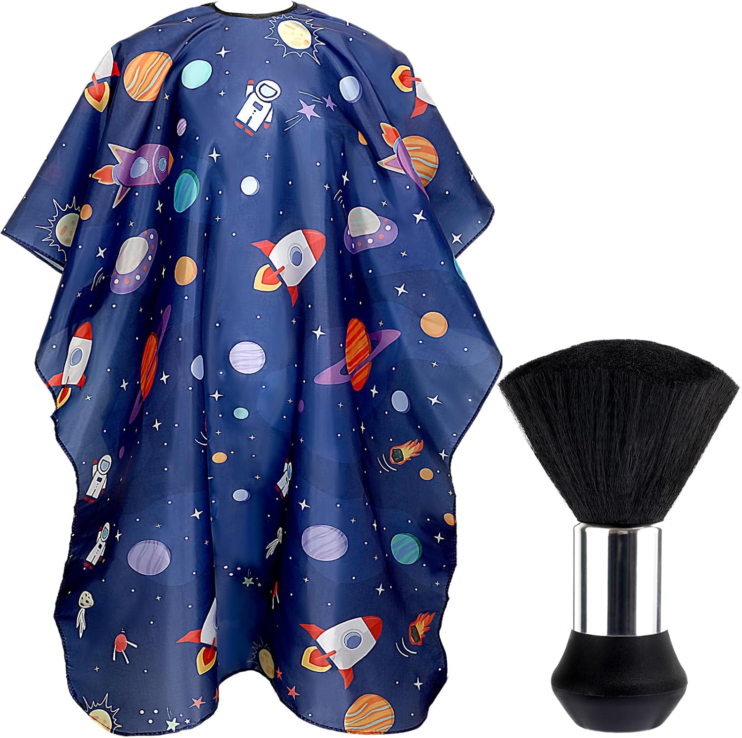 FEBSNOW kids hair cutting cape front view showing blue astronaut space pattern