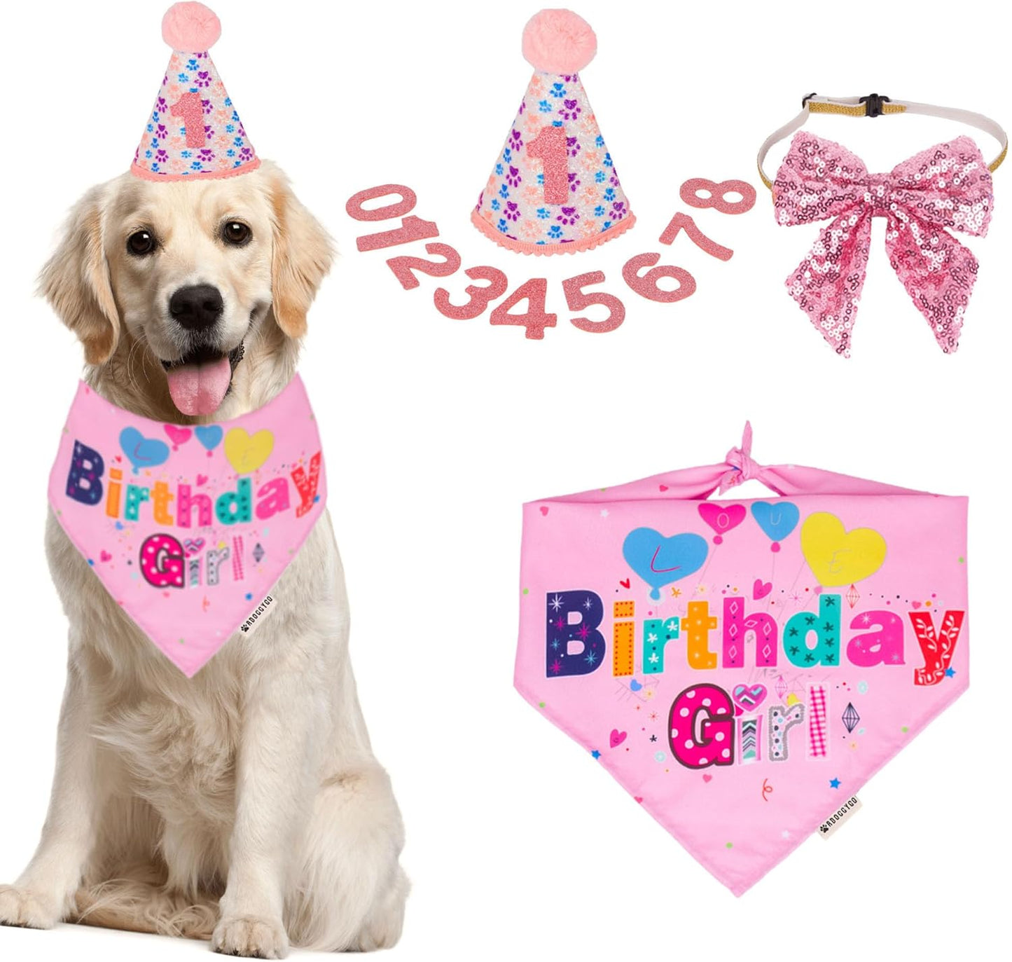ADOGGYGO Dog Birthday Party Supplies, Pink Girl Puppy Birthday Bandana Hat Numbers Bow Set for Small Dogs Pets (Small) - Image 10