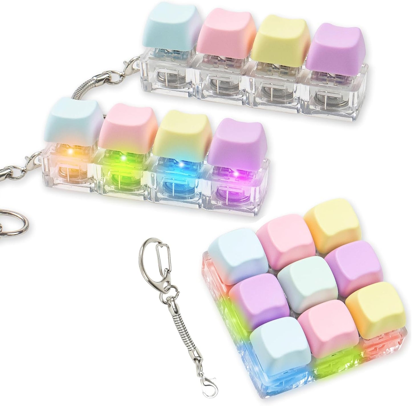 Gliging mechanical keyboard fidget toy set yellow cat shape front view showing three premium clicker keychains