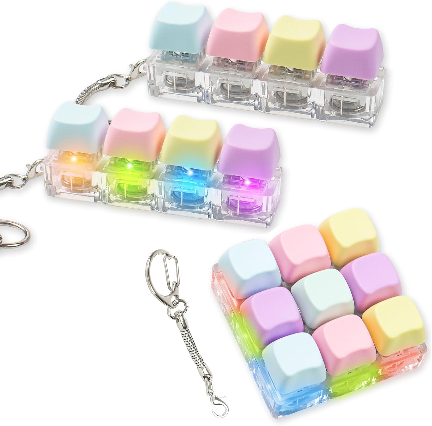 Gliging mechanical keyboard fidget toy set yellow cat shape front view showing three premium clicker keychains