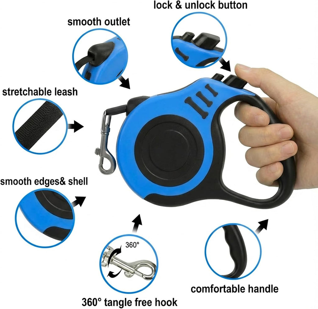 Blue retractable dog leash for small to medium pets