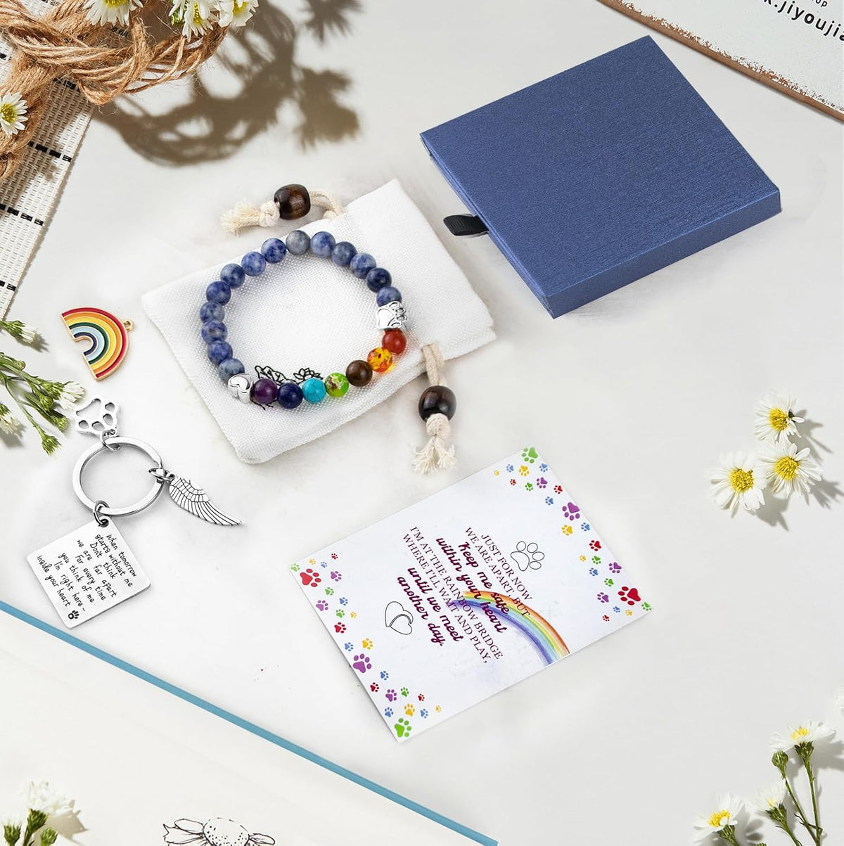 Complete BEABOY pet bereavement gift set featuring the Rainbow Bridge poem card and packaging.