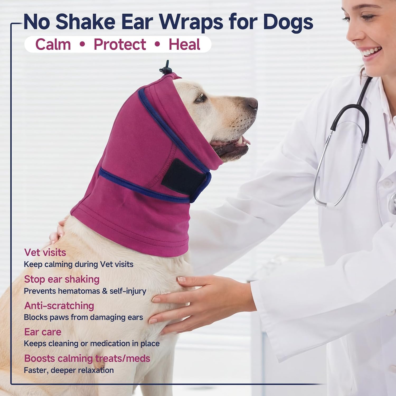 Nanaki hematoma head cover for dogs illustrating post surgery protection and anti flapping safety.
