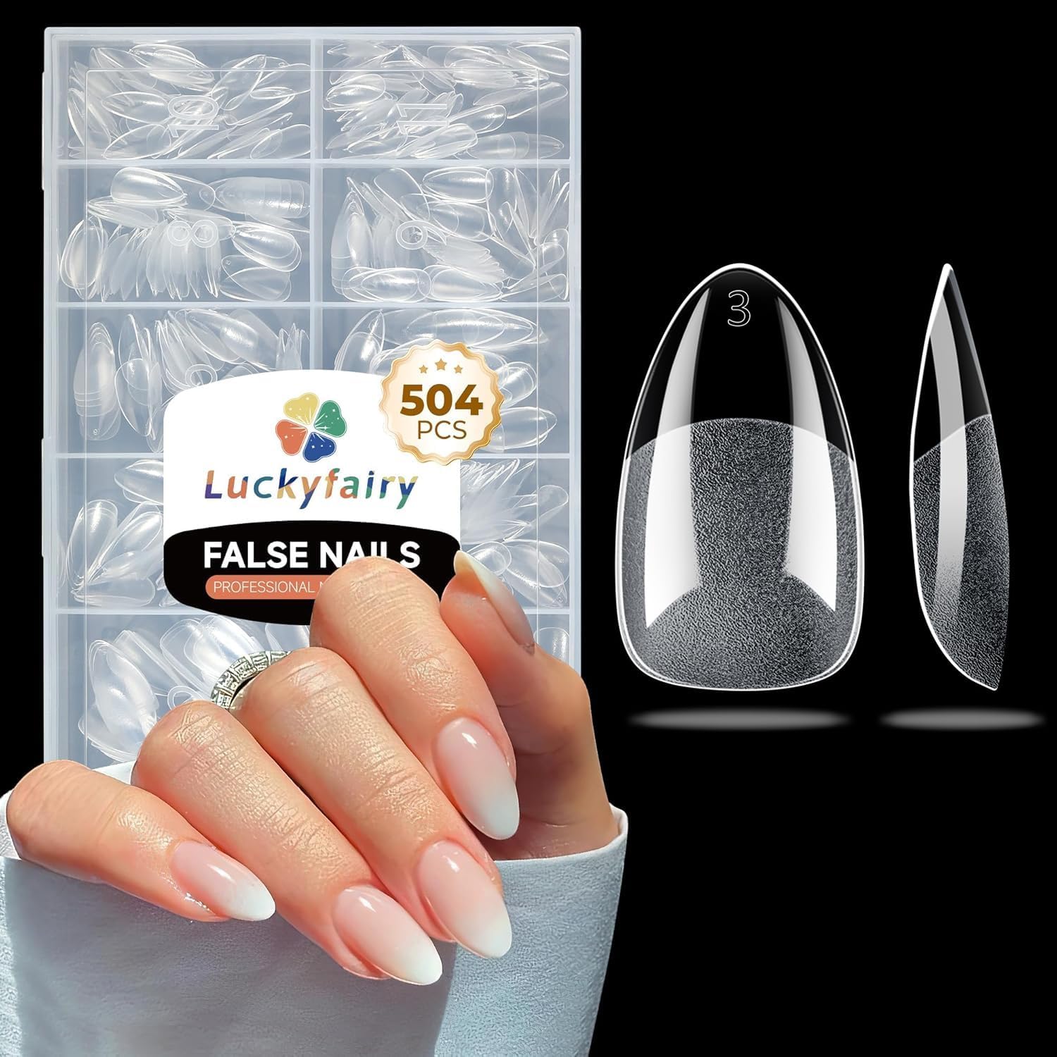 Luckyfairy short almond nail tips 504 piece clear soft gel extension kit for DIY home use