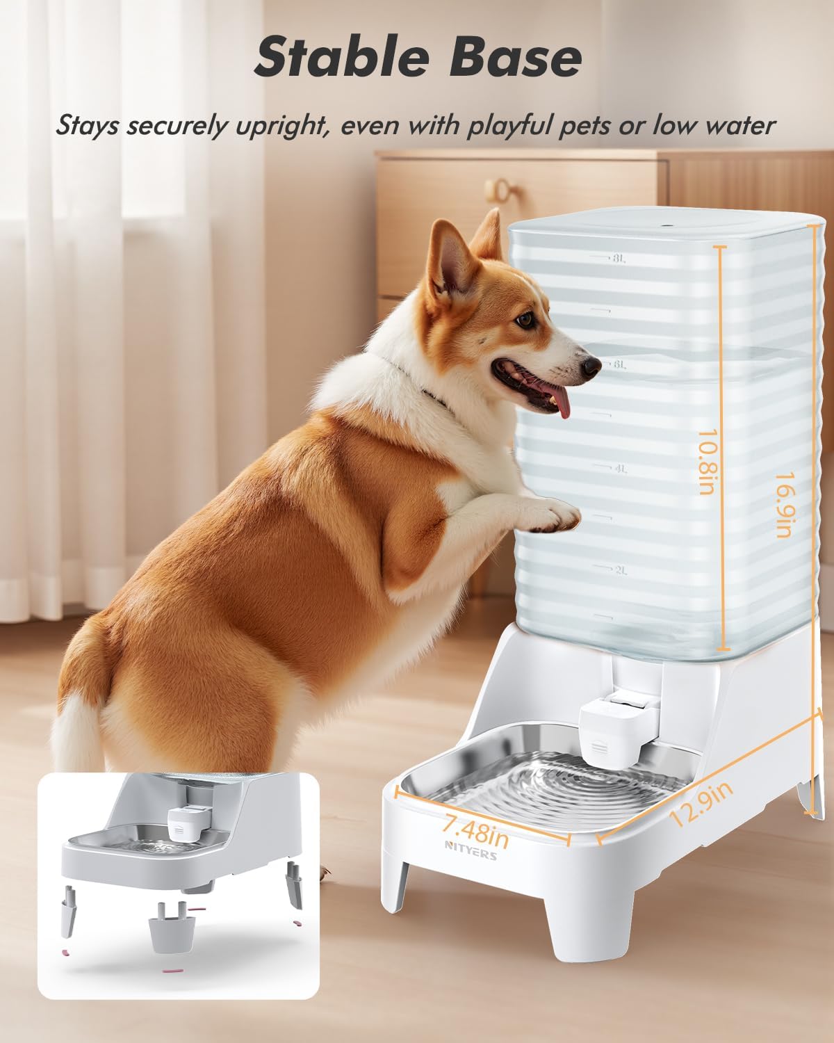 Side view of the eight liter large capacity Nityers gravity pet water dispenser setup in a modern living space.