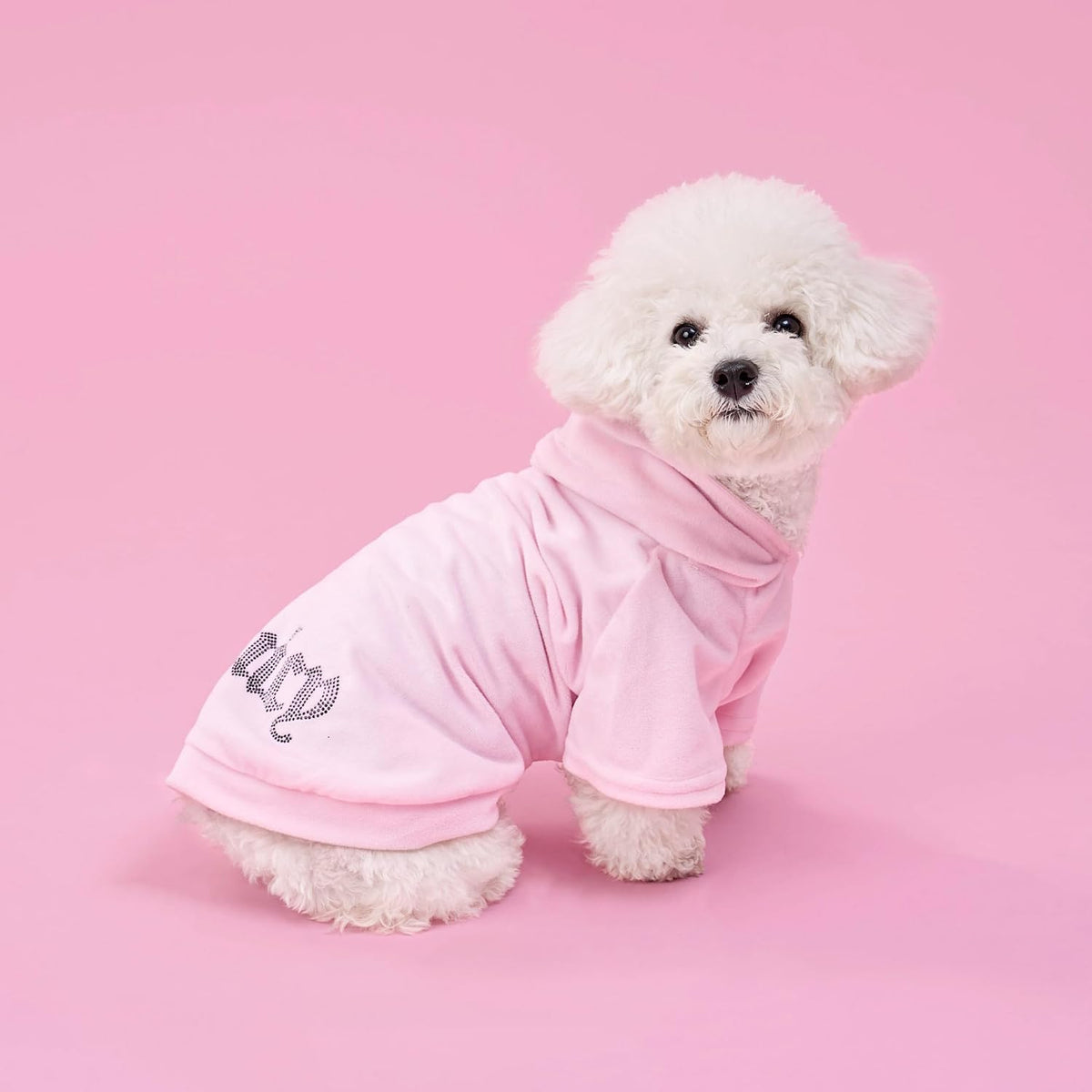 Juicy Couture pink velour dog tracksuit showing rhinestone detail back view