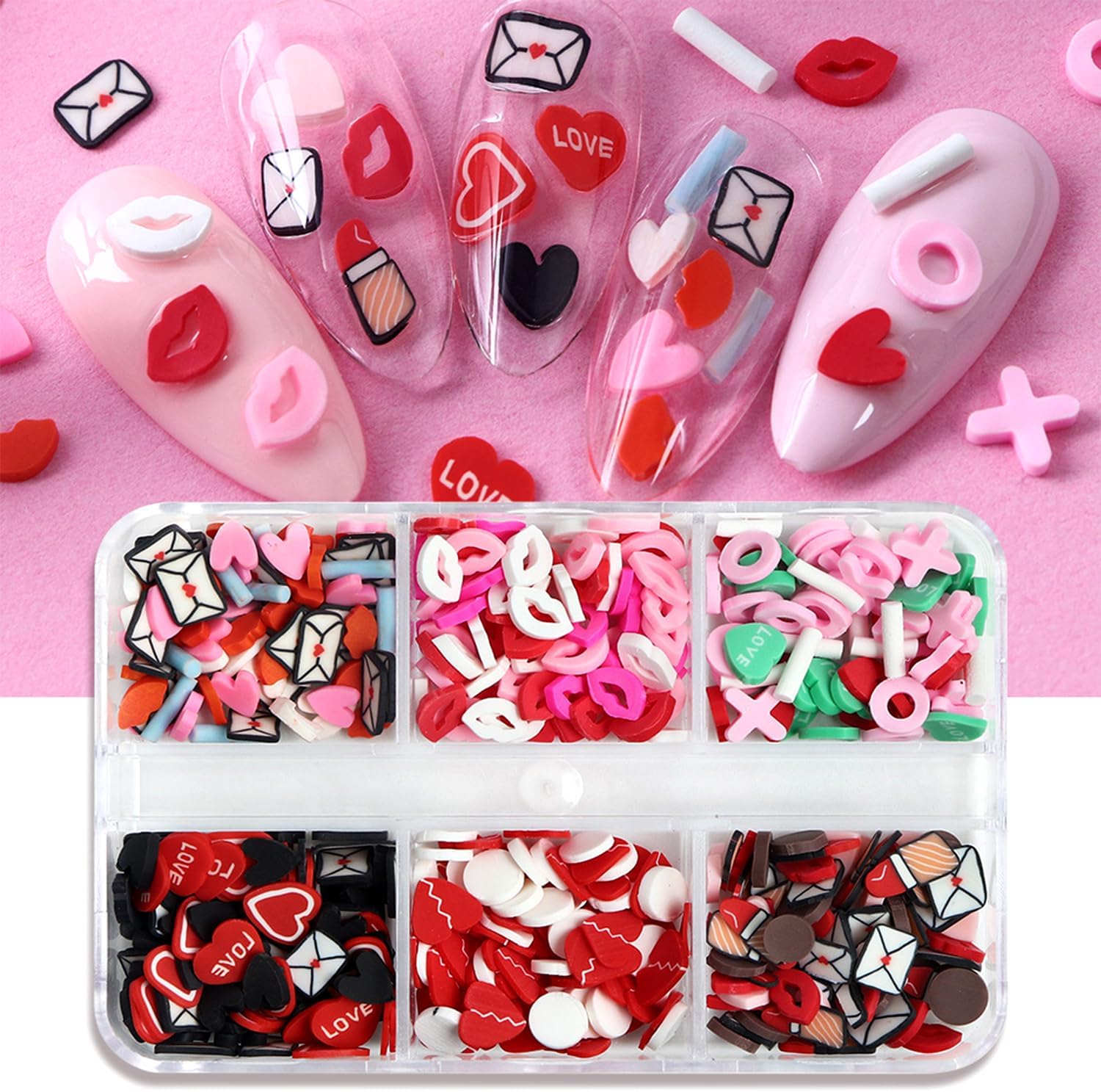 Tyuimhx 6 grids valentines nail art slices front view showing red lips and heart shapes in a storage container