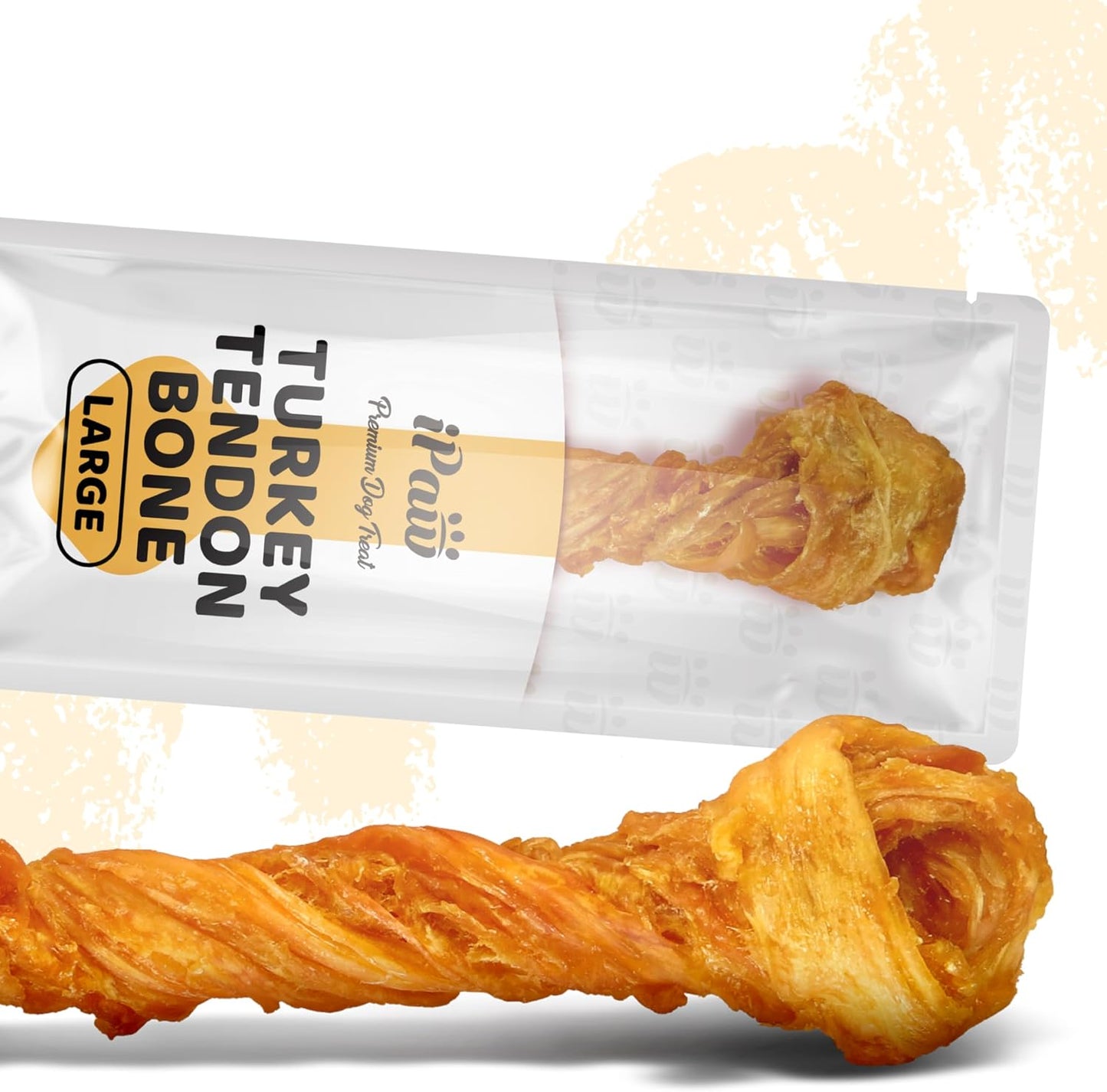 Slow roasted iPaw turkey tendon dog treat packaging detail highlighting low fat profile.